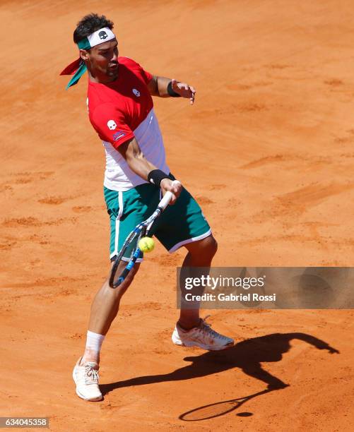 Fabio Fognini of Italy takes a forehand shot during a singles match as part of day 3 of the Davis Cup 1st round match between Argentina and Italy at...