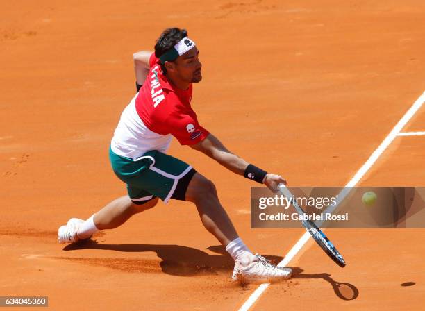 Fabio Fognini of Italy takes a forehand shot during a singles match as part of day 3 of the Davis Cup 1st round match between Argentina and Italy at...