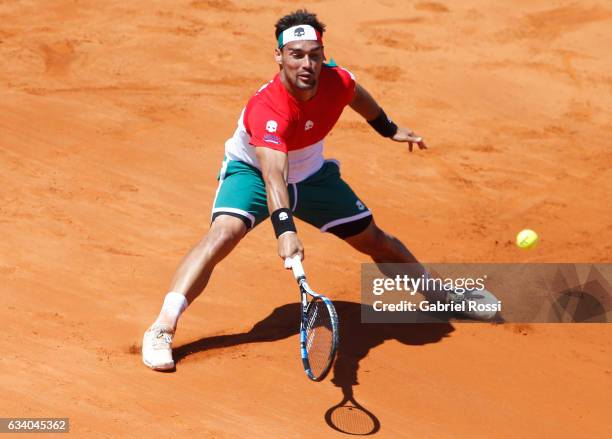 Fabio Fognini of Italy takes a forehand shot during a singles match as part of day 3 of the Davis Cup 1st round match between Argentina and Italy at...