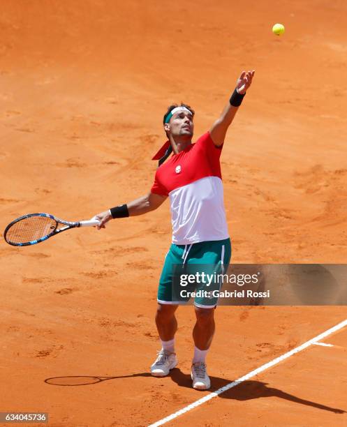 Fabio Fognini of Italy serves during a singles match as part of day 3 of the Davis Cup 1st round match between Argentina and Italy at Parque...