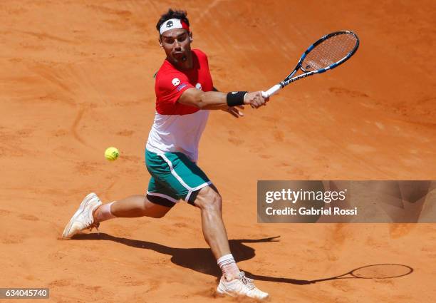 Fabio Fognini of Italy takes a backhand shot during a singles match as part of day 3 of the Davis Cup 1st round match between Argentina and Italy at...