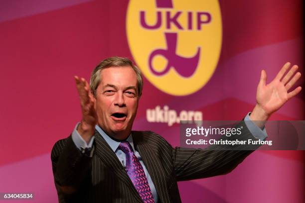 Former UKIP Leader Nigel Farage MEP speak during a public meeting on February 6, 2017 in Stoke, England. The Stoke-on-Trent central by-election has...