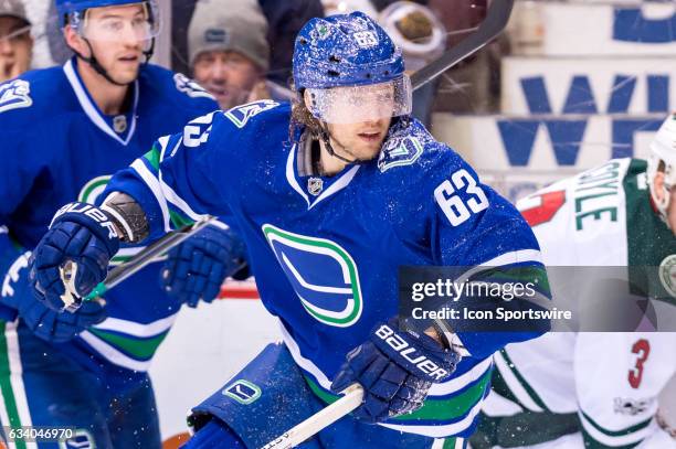 Vancouver Canucks Defenceman Philip Larsen is covered in snow during their NHL game against the Minnesota Wild at Rogers Arena on February 4, 2017 in...