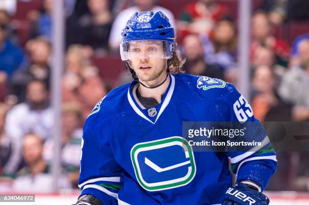Vancouver Canucks Defenceman Philip Larsen with a snow covered helmet during their NHL game against the Minnesota Wild at Rogers Arena on February 4,...