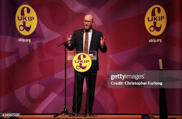 Leader Paul Nuttall speaks during a public meeting on February 6, 2017 in Stoke, England. The Stoke-on-Trent central by-election has been called...