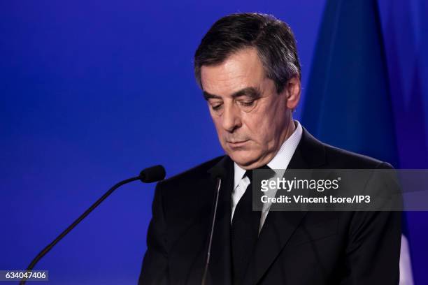 Candidate of Les Republicains right-wing Party for the 2017 Presidential elections Francois Fillon holds a press conference at his Party Headquarters...