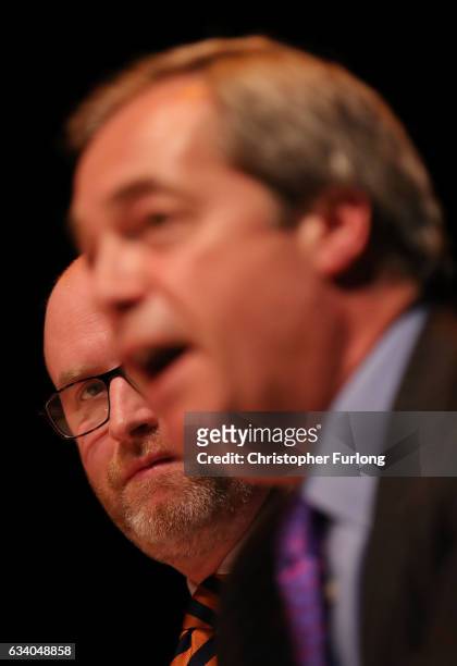 Leader Paul Nuttall and former Leader Nigel Farage MEP speak during a public meeting on February 6, 2017 in Stoke, England. The Stoke-on-Trent...