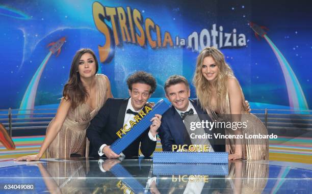 Ludovica Frasca, Ficarra, Picone and Irene Cioni attend the 'Striscia La Notizia' Tv Show on February 6, 2017 in Milan, Italy.