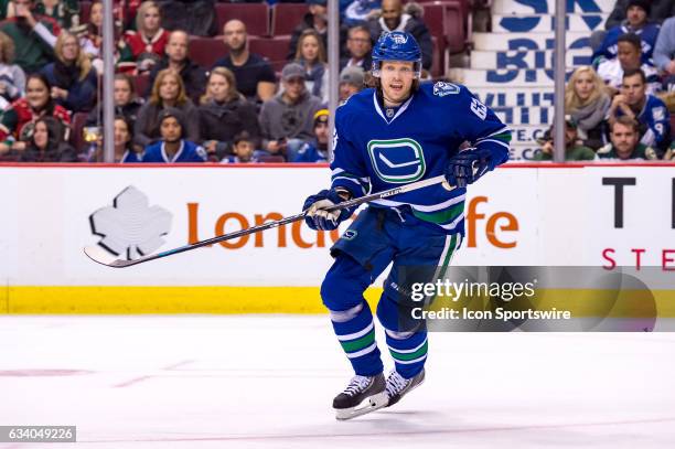 Vancouver Canucks Defenceman Philip Larsen watches the play during their NHL game against the Minnesota Wild at Rogers Arena on February 4, 2017 in...