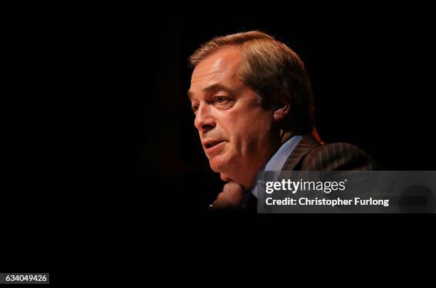 Former UKIP Leader, Nigel Farage MEP reacts during a public meeting on February 6, 2017 in Stoke, England. The Stoke-on-Trent central by-election has...