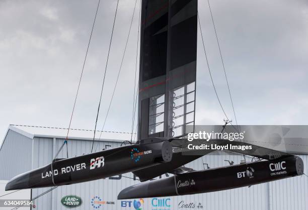 The new Land Rover BAR R1 race yacht 'RITA' is launched on February 6, 2017 in Hamilton, Bermuda.