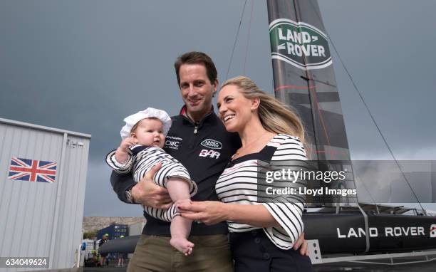 Sir Ben Ainslie skipper of LandRover BAR, Lady Georgie Ainslie and their daughter Bellatrix pose during the launch and naming of the new Land Rover...