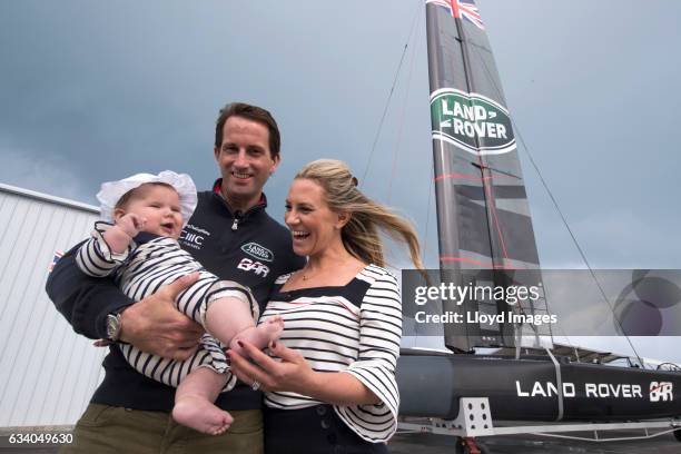 Sir Ben Ainslie skipper of LandRover BAR, Lady Georgie Ainslie and their daughter Bellatrix pose during the launch and naming of the new Land Rover...