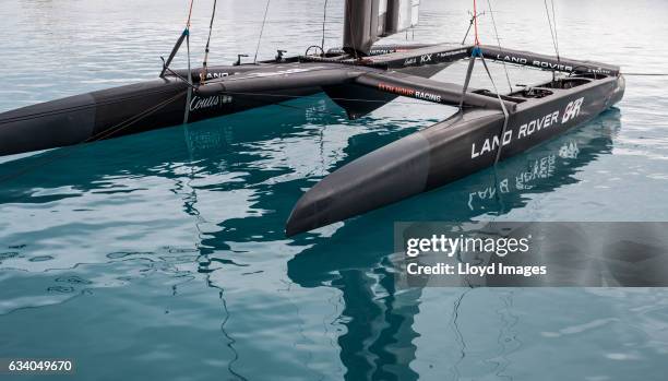 The new Land Rover BAR R1 race yacht 'RITA' is launched on February 6, 2017 in Hamilton, Bermuda.