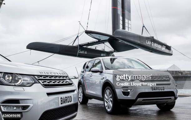 The new Land Rover BAR R1 race yacht 'RITA' is launched on February 6, 2017 in Hamilton, Bermuda.