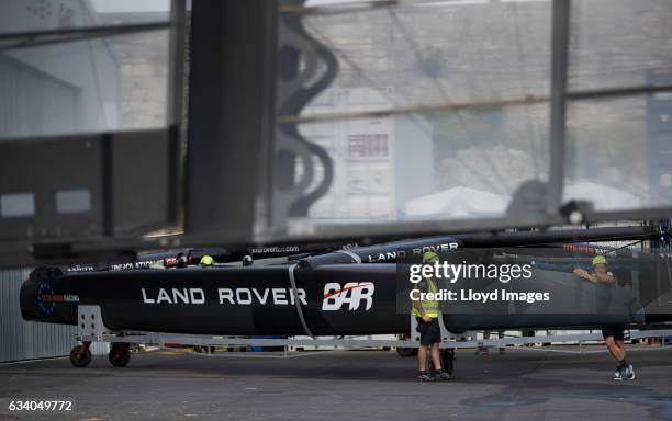 The new Land Rover BAR R1 race yacht 'RITA' is launched on February 6, 2017 in Hamilton, Bermuda.