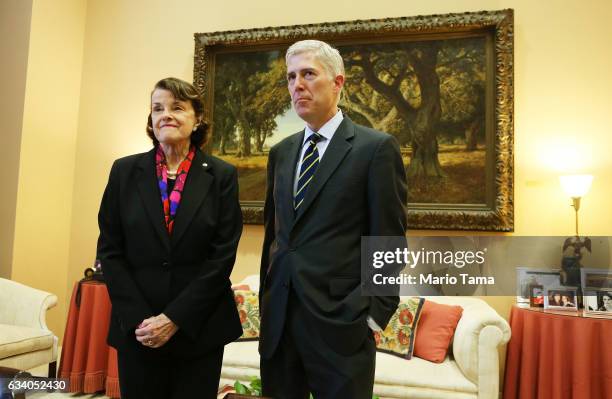 Senate Judiciary ranking member Dianne Feinstein , L, greets Supreme Court nominee Neil Gorsuch, judge on the U.S. Court of Appeals for the Tenth...