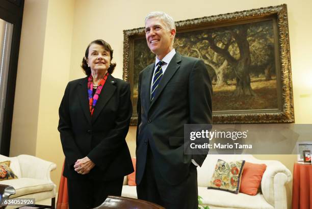 Senate Judiciary ranking member Dianne Feinstein , L, greets Supreme Court nominee Neil Gorsuch, judge on the U.S. Court of Appeals for the Tenth...