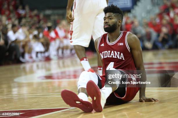 Indiana Hoosiers guard Robert Johnson reacts after a men's college basketball game between the Wisconsin Badgers and the Indiana Hoosiers on February...