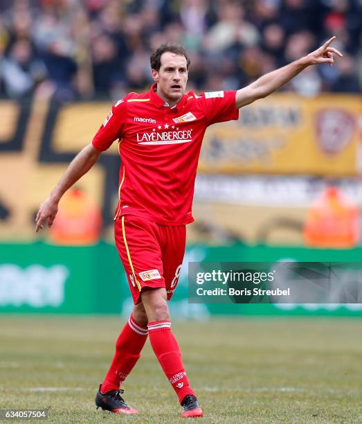 Stephan Fuerstner of Union Berlin gestures during the Second Bundesliga match between SG Dynamo Dresden and 1. FC Union Berlin at DDV-Stadion on...