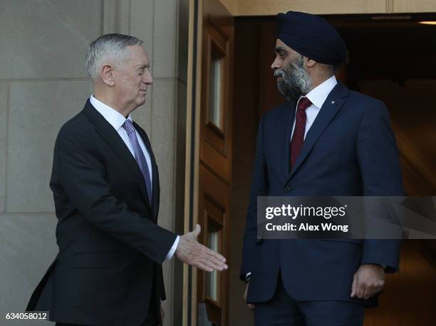 Secretary of Defense James Mattis participates in a honor cordon to welcome Canadian National Defense Minister Harjit Sajjan to the Pentagon February...