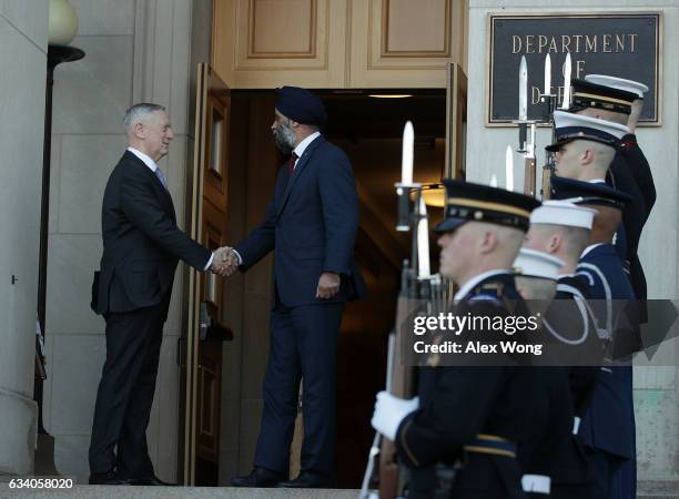 Secretary of Defense James Mattis participates in a honor cordon to welcome Canadian National Defense Minister Harjit Sajjan to the Pentagon February...