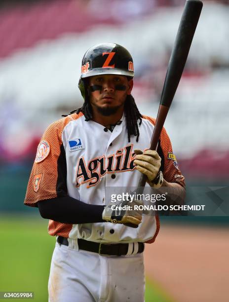 Freddy Galvis of Aguilas del Zulia of Venezuela warms up during a Caribbean Baseball Series match against Criollos de Caguas from Puerto Rico at the...