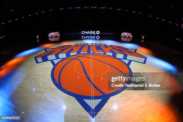 General view of the New York Knicks logo before a game against the Los Angeles Lakers on February 6, 2017 at Madison Square Garden in New York City,...
