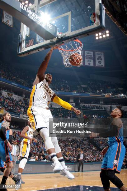 February 6: Lavoy Allen of the Indiana Pacers dunks the ball against the Oklahoma City Thunder on February 6, 2017 at Bankers Life Fieldhouse in...