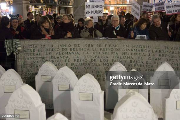 Tombs representing the 14 migrants dead in Tarajal when they where trying to reach the coast of Spain during a protest in the Ministry of Foreign...