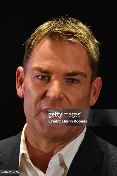 Shane Warne speaks to the media at Hamer Hall, announcing a national speaking tour titled Warney Uncut on February 7, 2017 in Melbourne, Australia.