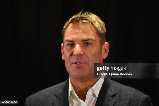 Shane Warne speaks to the media at Hamer Hall, announcing a national speaking tour titled Warney Uncut on February 7, 2017 in Melbourne, Australia.