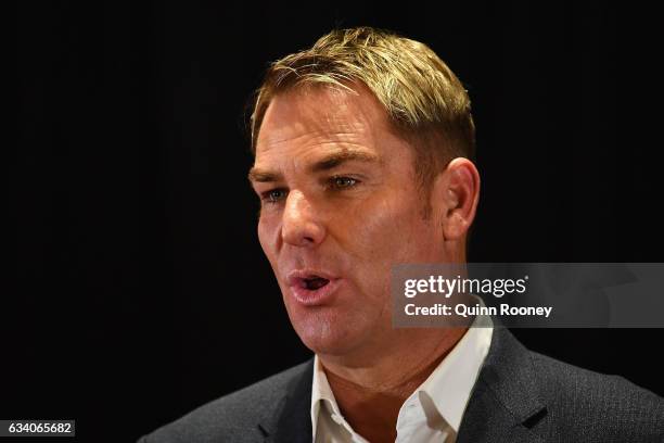 Shane Warne speaks to the media at Hamer Hall, announcing a national speaking tour titled Warney Uncut on February 7, 2017 in Melbourne, Australia.