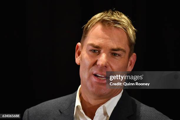 Shane Warne speaks to the media at Hamer Hall, announcing a national speaking tour titled Warney Uncut on February 7, 2017 in Melbourne, Australia.