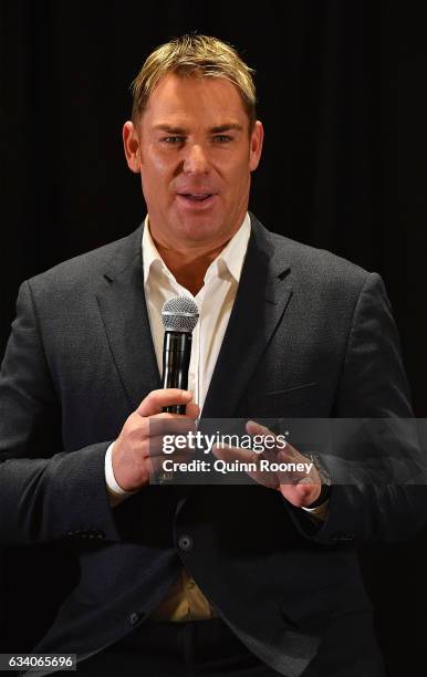 Shane Warne speaks to the media at Hamer Hall, announcing a national speaking tour titled Warney Uncut on February 7, 2017 in Melbourne, Australia.