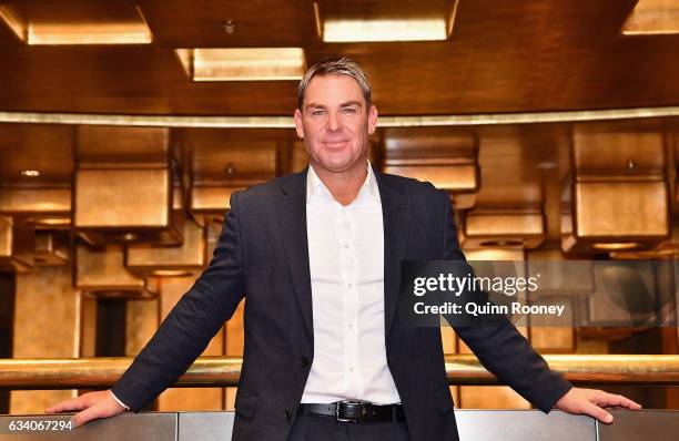 Shane Warne poses after speaking to the media at Hamer Hall, announcing a national speaking tour titled Warney Uncut on February 7, 2017 in...