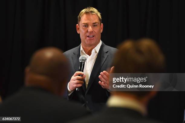 Shane Warne speaks to the media at Hamer Hall, announcing a national speaking tour titled Warney Uncut on February 7, 2017 in Melbourne, Australia.