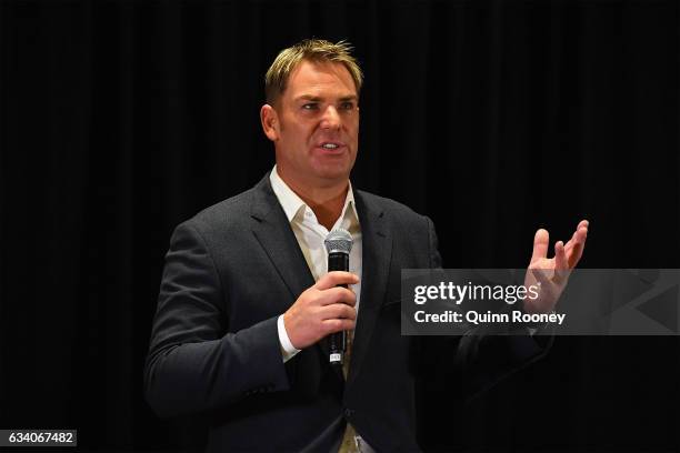 Shane Warne speaks to the media at Hamer Hall, announcing a national speaking tour titled Warney Uncut on February 7, 2017 in Melbourne, Australia.