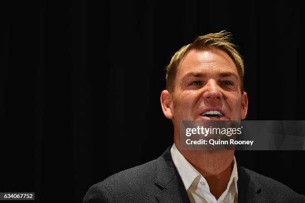 Shane Warne speaks to the media at Hamer Hall, announcing a national speaking tour titled Warney Uncut on February 7, 2017 in Melbourne, Australia.