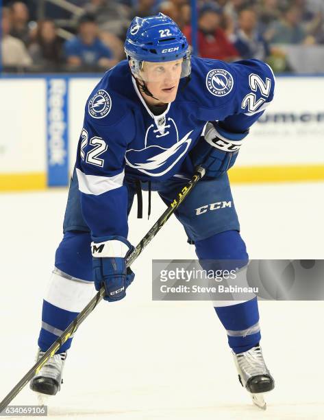Erik Condra of the Tampa Bay Lightning plays in the game against the Nashville Predators at Amalie Arena on February 12, 2016 in Tampa, Florida.