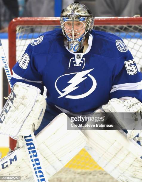 Goaltender Kristers Gudlevskis#50 of the Tampa Bay Lightning warms up before the game against the Nashville Predators at Amalie Arena on February 12,...
