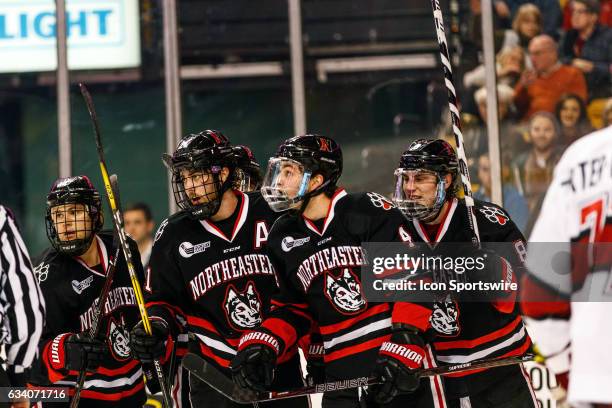 The Huskies celebration is short-lived, as the team remains a goal down with 1:30 to play during the third period of the Beanpot Tournament...