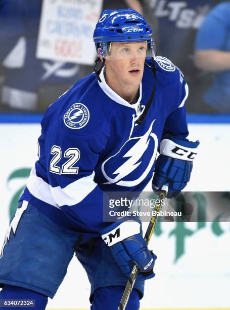 Erik Condra of the Tampa Bay Lightning warms up before the game against the Nashville Predators at Amalie Arena on February 12, 2016 in Tampa,...