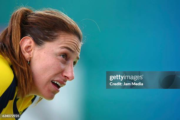 Mariana Duque-Marino of Colombia looks on during the first day of the Tennis Fed Cup, American Zone Group 1 at Club Deportivo La Asuncion, on...