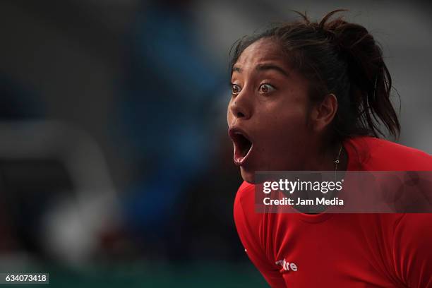 Daniela Seguel of Chile celebrates during the first day of the Tennis Fed Cup, American Zone Group 1 at Club Deportivo La Asuncion, on February 06,...