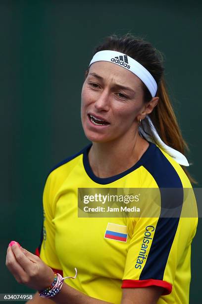 Mariana Duque-Marino of Colombia reacts during the first day of the Tennis Fed Cup, American Zone Group 1 at Club Deportivo La Asuncion on February...