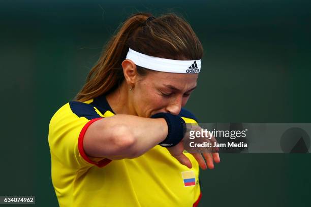 Mariana Duque-Marino of Colombia reacts during the first day of the Tennis Fed Cup, American Zone Group 1 at Club Deportivo La Asuncion on February...