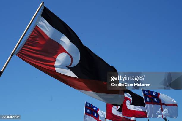 Flags fly as protesters cross the Waitangi Bridge on February 6, 2017 in Waitangi, New Zealand. The Waitangi Day national holiday celebrates the...