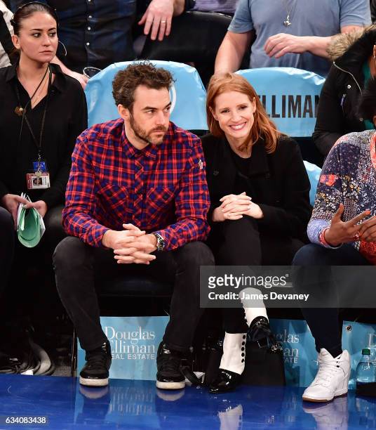 Gian Luca Passi de Preposulo and Jessica Chastain attend Los Angeles Lakers Vs. New York Knicks game at Madison Square Garden on February 6, 2017 in...