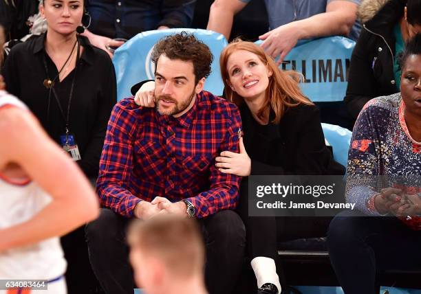 Gian Luca Passi de Preposulo and Jessica Chastain attend Los Angeles Lakers Vs. New York Knicks game at Madison Square Garden on February 6, 2017 in...